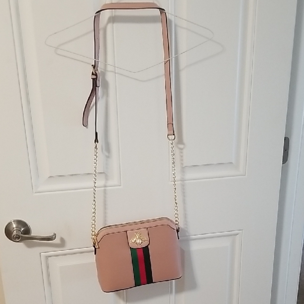 New Blush Pink Crossbody Bag with Signature Stripe and Gold Hardware W/clutch